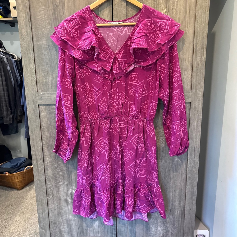 Tucker Silk Mini Dress Magenta Pink Ruffle V-Neck Long Sleeve Small